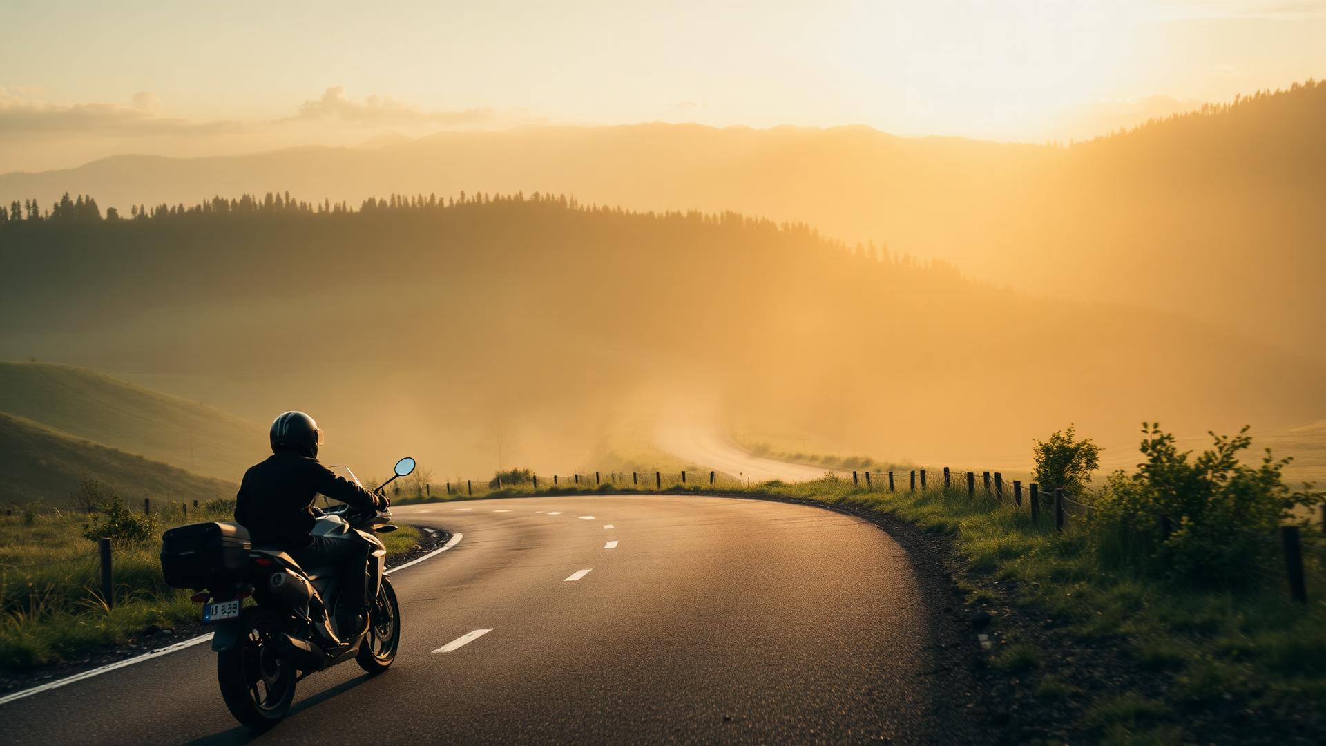 Motorkář projíždí českou krajinou ve zlatém světle